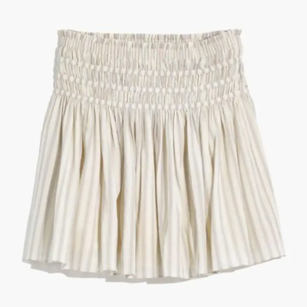 Madewell Smocked Linen Pull-On Mini Flared Flowing Skirt in Cool Fog Stripe